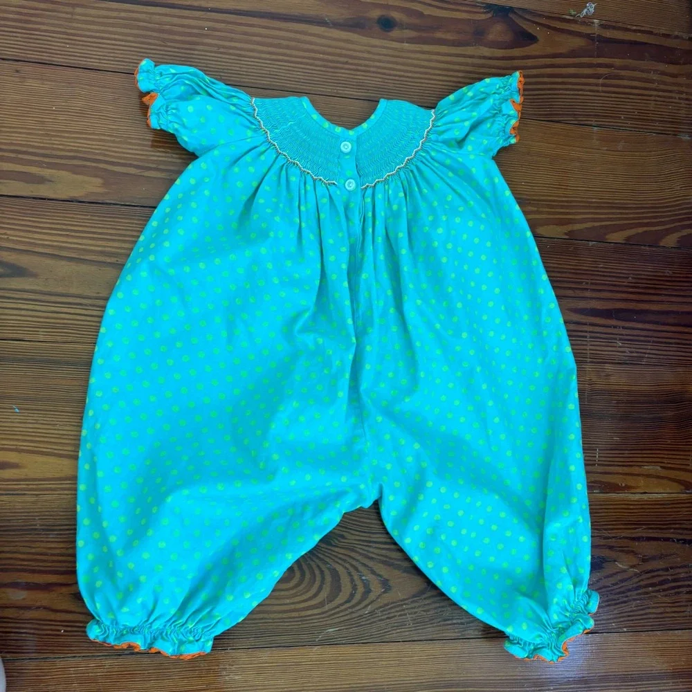 Smocked Auctions Baby Girls Romper 12M Smocked Pumpkin Polka Dot Blue Orange